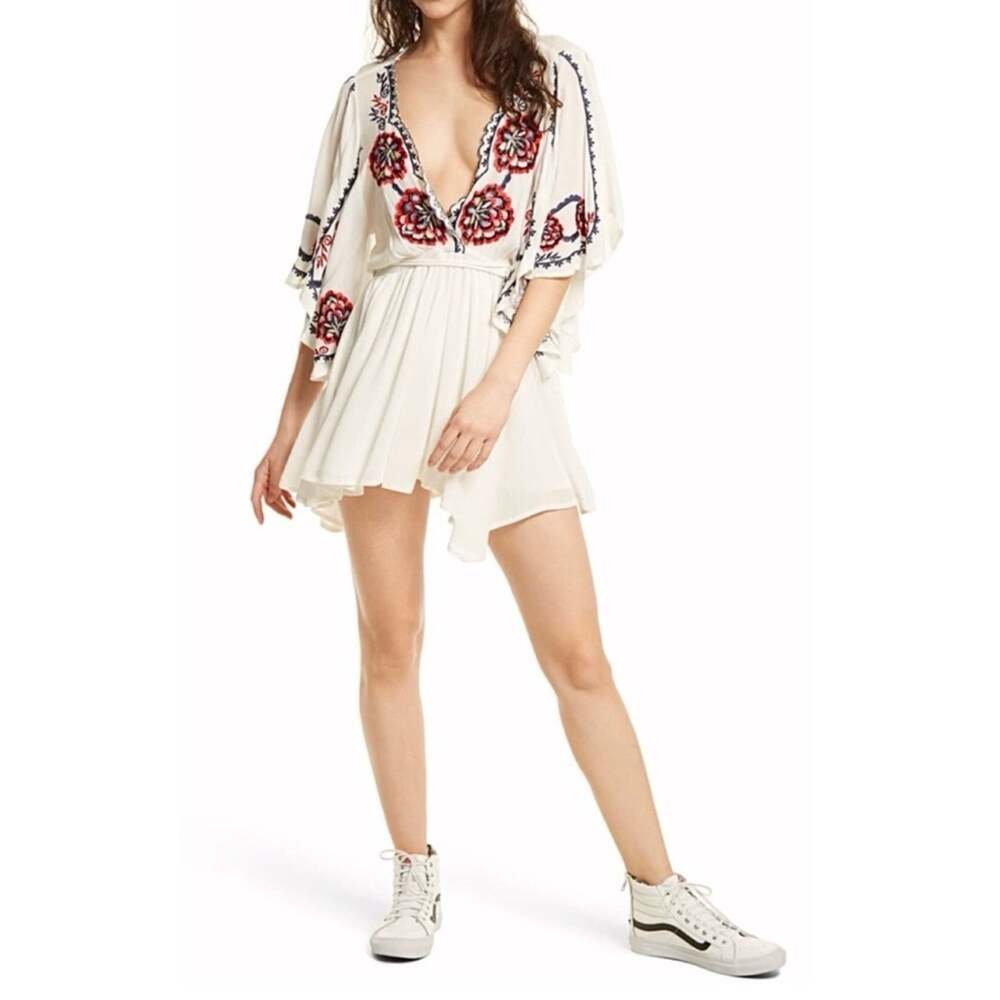 FREE PEOPLE CORA Women’s Embroidered Cream Boho Dress with Red Floral Accents